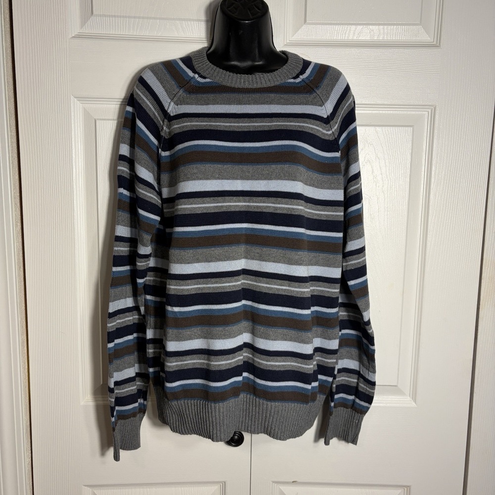 Vintage Arizona Jean Co Sweater Men L Blue Brown Striped Y2K 100% Cotton Knit